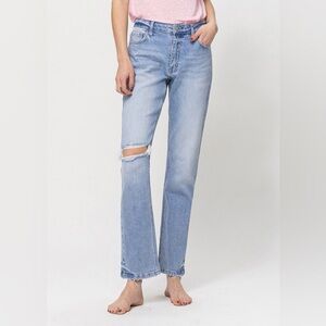 Vervet Blue Denim Distressed Knee High Rise Stretch Boyfriend Jeans Style V2744